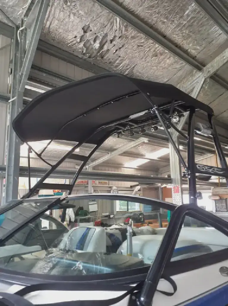 Malibu Canopy Front - Front angle on a new canopy for a Malibu boat