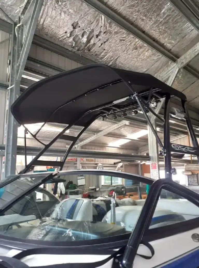Malibu Canopy Front - Front angle on a new canopy for a Malibu boat